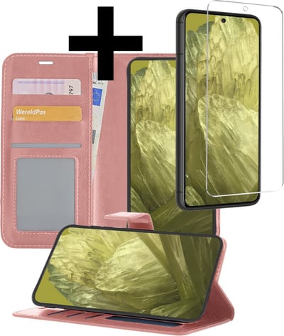 Hoesje - Met Screenprotector - Geschikt voor Google Pixel 8a - Luxe Pasjeshouder - Bookcase Portemonee - Flip Case - Kunstleer Book Case - Flipcase - Book Cover - Walletcase - Portemonneehoes - Telefoonhoesjes - Rosé goud