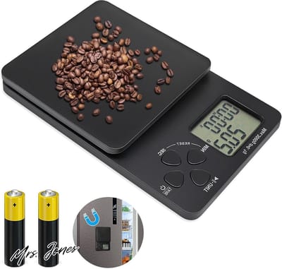 Mrs. Jones Koffieweegschaal met timer - digitale keukenweegschaal 01 g/3 kg nauwkeurige schaalverdeling - espressoweegschaal multifunctioneel - voedselweegschaal met tarra-functie .