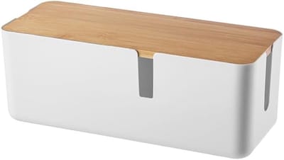 Famanu - Kabelbox met bamboedeksel, kabelorganizer, box, kabelopbergdoos voor het verbergen van kabels, organiseren van losse draden (wit)
