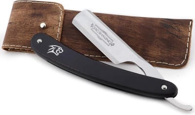 Jag Shaving Zwart scheermes met rechte keel voor mannen, baard en snor, traditioneel kappersscheermes met leren etui (recht scheermes), klassiek scheermes voor professionele salon en thuis