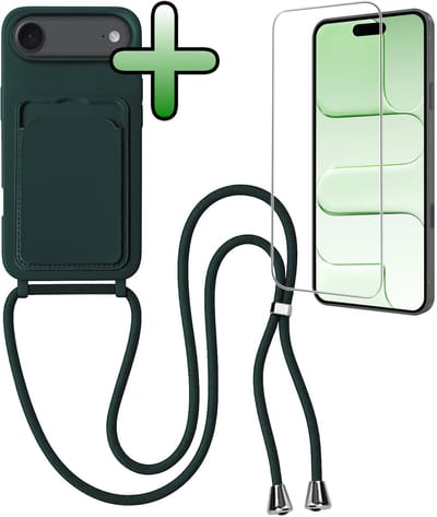 Hoes Geschikt voor iPhone Air Hoesje Pas Houder Case Hoes Met Koord Met Screenprotector - Hoesje Geschikt voor iPhone Air Hoes Met Telefoonkoord Pasjeshouder Cover - Donkergroen