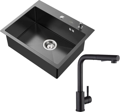 Auralum max Spoelbak 55x45cm - Spoelbak Keuken Met Keukenkraan - Spoelbak Met Kraangat - Spoelbakken Keuken RVS - Spoelbak met Afdruipgedeelte - Antraciet