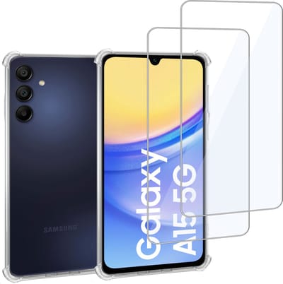 Geschikt voor Samsung Galaxy A15 - Hoesje + 2x Screenprotector – Gehard Glas Cover + Shock Proof Case – Transparant