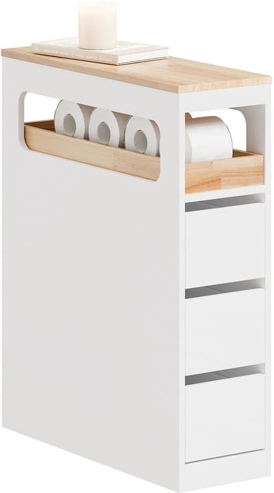 SoBuy Smalle Badkamerkast op Wieltjes, Toiletrolhouder, Toiletkast met 3 Lades, Wit 65x23x82cm, BZR54-II-W, Badkamermeubel, Opbergkast voor Keuken, Woonkamer