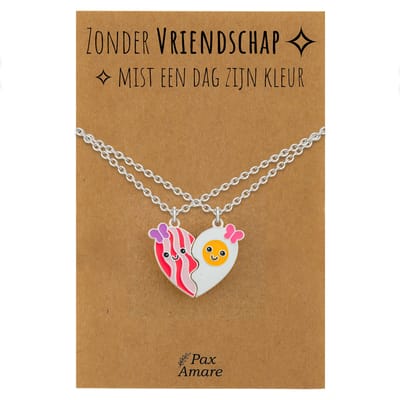 BFF Ketting voor 2 'Zonder Vriendschap mist een dag zijn kleur' - Magnetisch Hartje Bacon & Ei - Vriendschapsketting op Cadeau Kaartje - 45cm + 5cm verstelbaar - Zilverkleurig - Best Friends Hanger - Pax Amare