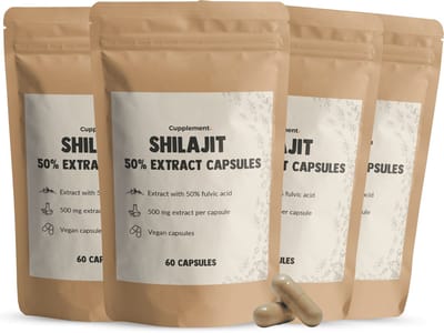 GOYU Shilajit Extract (50% Fulvinezuur) 500 mg Combideal 4x 60 capsules - Himalaya Mumijo – Shilajit gummies - shilajit 100% pure - Vegan - Zonder toevoegingen - Lab getest - 30 dagen voorraad per zakje