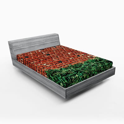 ABAKUHAUS Bakstenen Muur Hoeslaken, Muur met Groene Bladeren, Zachte Decoratieve stof met Elastische Band, 140 x 200 cm, Verbrand Oranje Groen Zwart