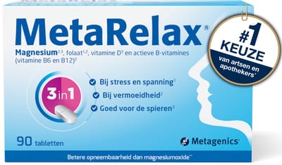 MetaRelax Magnesium Tabletten – 90 Tabs - Hoogwaardig Magnesiumcomplex met Magnesiumglycerofosfaat - Bij Stress & Spanning - Vermoeidheid - Goed voor de Spieren - Hou het hoofd koel en schiet niet in een kramp