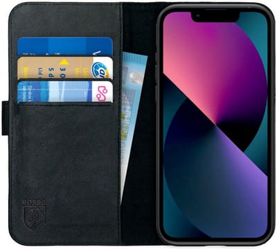 Rosso Deluxe Echt Leer Book Case Hoesje Geschikt voor Apple iPhone 13 Mini | Ruimte voor drie pasjes | Portemonnee Book Case | Met Pasjeshouder | Zwart