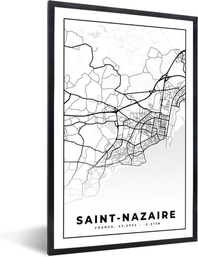 Fotolijst incl. Poster Zwart Wit- Plattegrond - Saint-Nazaire - Kaart - Frankrijk - Stadskaart - Zwart wit - 40x60 cm - Posterlijst