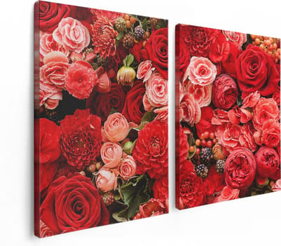 Artaza Canvas Schilderij Tweeluik Rode En Roze Bloemen Met Fruit - Abstract - 120x80 cm - Wanddecoratie Woonkamer - Schilderijen - Muurdecoratie