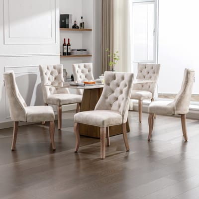 Sweiko 4-pod Eetkamerstoelen, (6-stuks)Licht Beige Fluwelen Eetkamerstoelen,Hoge rugleuning, knoopgestikt, massief houten frame, Licht Beige (geen tafel)