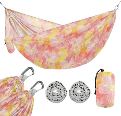 Hangmat Doek - Draagbare Hangmat - Buiten Ontspannen - Met Opbergvakken - 290x138cm - Abstracte Bloemen