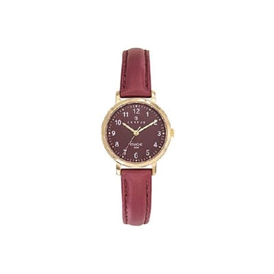 Certus-dameshorloge-model 646609-goudkleurig-wijnrood leder-duidelijke wijzerplaat-5 atm waterdicht-diameter 27 mm- made in France