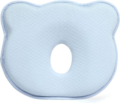 Baby platte hoofdsteun, pasgeboren kussen, zuigelingenhoofd misvormd kussen 0-12 maanden, pasgeboren memory foam reiskussen, baby kussen, 3D baby kussen - blauw - 25*23*3*1