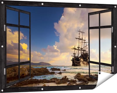 Gards Tuinposter Doorkijk Piratenschip aan de Kust bij Zonsondergang - 120x80 cm - Tuindoek - Tuindecoratie - Wanddecoratie buiten - Tuinschilderij