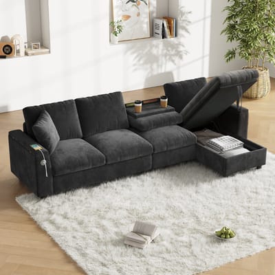 REDOM - Hoekbank Met Slaapfunctie En Opbergruimte - Omkeerbare L-Vorm - Chenille - Grijs - 280 x 137 x 84 cm