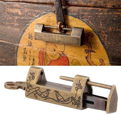 Vintage Chinees hangslot met bloemdecoratie - Decoratief sleutelslot voor sieradendoos - Bronskleurig