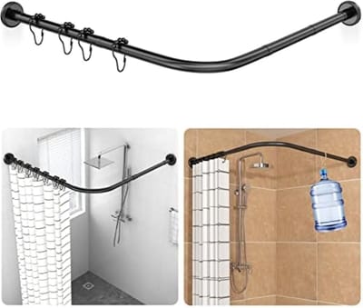 Verstelbare L-vormige douchestang, Incl. 18 Ringen, 90-120 × 90-120 Cm, Telescopische 304 Roestvrij Staal Badkamer Badkuip Hoek Douchegordijnrailrek - Zwart