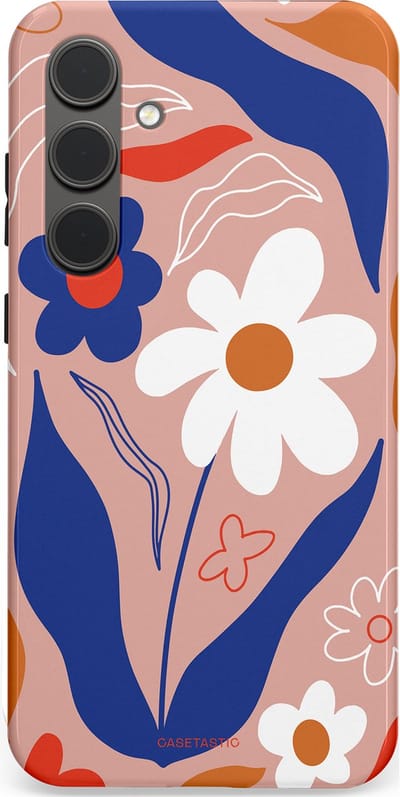 Casetastic hoesje geschikt voor Samsung Galaxy S24 Plus - Dubbellaagse bescherming - Eenvoud in bloei - Fashion Case - Perzik Donkerblauw Wit