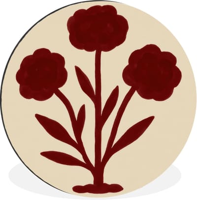 WallCircle - Wandcirkel - Muurcirkel - Bloemen - Bladeren - Rood - Minimalistisch - Aluminium - Dibond - 30x30 cm - Binnen en Buiten