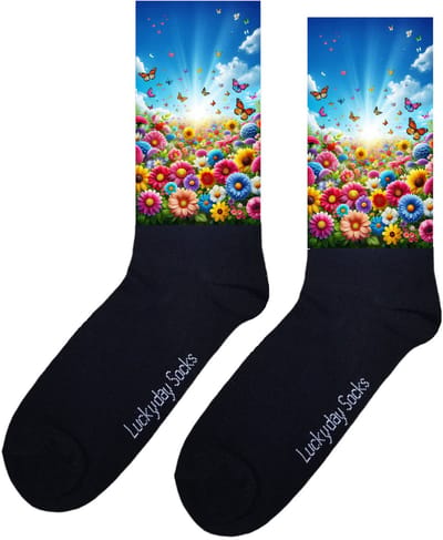 Bloemenveld - Valentijns Cadeau - Grappige sokken - Leuke sokken - Hem Haar sokken - Vrolijke sokken - Sint cadeau - Vaderdag - Moederdag - Verjaardag cadeau - Kerst cadeau - Leuk Cadeau - Natuur - Vlinders - Print sokken - Socks maken Happy - 37-44