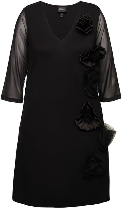 Ulla Popken - Dames - Jersey jurk 3D-bloemen V-hals 3/4-mouwen zakken - Zwart - Maat 42+