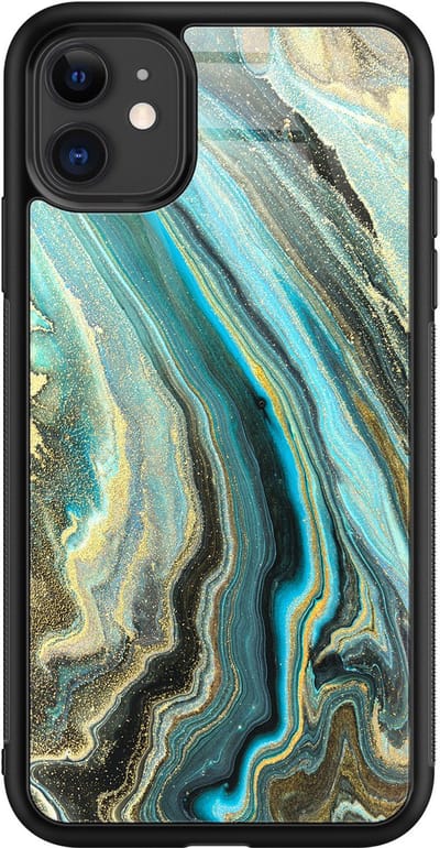 Hoesje geschikt voor iPhone 11 - Marmer mint - Luxe Glazen Hardcase - Marmer - Multi - Leuke Telefoonhoesjes
