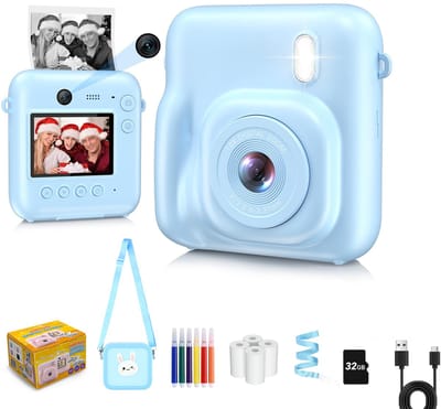 Impressora Térmica - Grote Kindercamera met foto printer - Digitale Camera Kinderen - Instant camera - Kinderfototoestel - SpeelgoedCamera - Mini printer - 48MP - Inclusief Cameratas + 4 papierrollen + 32GB sd kaart - Blauw