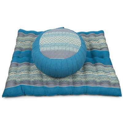 Meditatieset Zafu & Zabuton blauw grijs – hard & stevig kapok – rond meditatiekussen met meditatiemat – ergonomische zithouding – yoga & meditatie