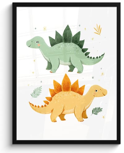 Poster in lijst - Fotolijst 60x80 cm - Posters - Sterren - Stegosaurussen - Blaadjes - Groen - Posterlijst zwart - Decoratie - Wanddecoratie woonkamer - Muurdecoratie slaapkamer