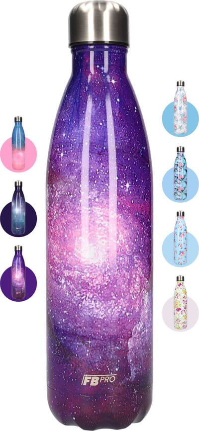 FBFS163 Thermosfles, Drinkfles, Waterfles - 750 ml - Thermos fles voor de warme en koude dagen - Dubbelwandig - Thermosbeker Koffie, thee en Koele dranken - Water fles voor onderweg - Paars Galaxy - Galaxy Purple