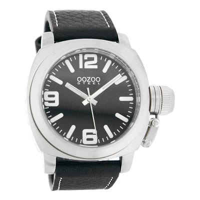 OOZOO Timepieces - Zilverkleurige horloge met zwarte leren band - OS023