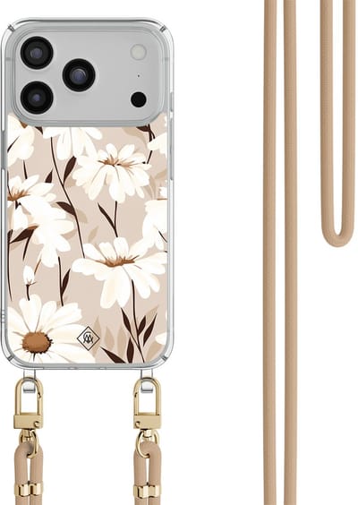 Casimoda® hoesje met beige koord - Geschikt voor iPhone 17 Pro - In Bloom - Afneembaar koord - TPU/polycarbonaat - Bruin/beige