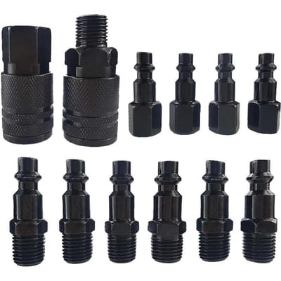 12PCS 14'' NPT Luchtkoppeling & Plug Kit, Industriële Type D Snelkoppelingsset, Luchtcompressorslang zwart