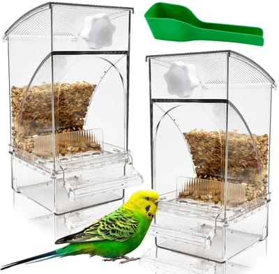 2-Pack Clean Bird Feeder Automatische Vogelkooi Voederbak Transparant Acryl Papegaaienzaadvoercontainer met Zitstok Geschikt voor Langstaartpapegaaien