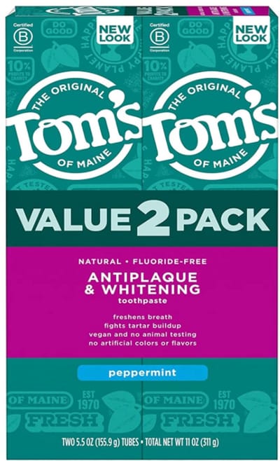 Tom’s of Maine Natuurlijke Tandpasta Zonder Fluoride – Antiplaque & Whitening Peppermint – 2 x 155 g