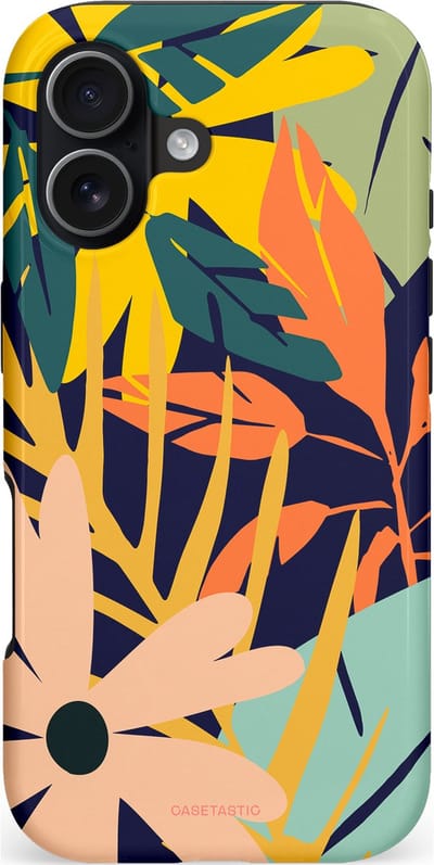 Casetastic hoesje geschikt voor Apple iPhone 17 - MagSafe - Dubbellaagse bescherming - Ruwe bloemen - Fashion Case - Donkerblauw Perzik Geel Mintgroen