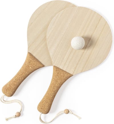 Beachball set - Beach tennis - Strandspeelgoed - Strandspelletjes - Rackets - Balletje - Duurzaam - Milieuvriendelijk - Met opbergzakje - Hout - Kurk - bruin - beige