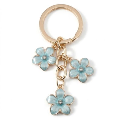 Goudkleurige bloemen sleutelhanger metalen sleutelhanger dames met blauwe sakura hanger set van drie bloemen, decoratieve keychain met ronde sleutelring voor sleutels en tas