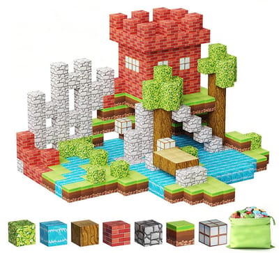 Magnetische bouwblokken speelgoed – Minecraft bouwblokken – Sensorische magnetische bouwblokkenset – Minecraft-geïnspireerde magnetische speelgoedset met bosdierenthema – Junglethema – 100 bouwblokken – 3 willekeurige minifiguren – Opbergtas