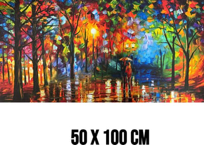 Allernieuwste.nl® Canvas Schilderij Abstract Bos Landschap Stel onder Paraplu – 50 x 100 cm – Romantische Muurdecoratie – Wanddecoratie – Abstracte Kunst