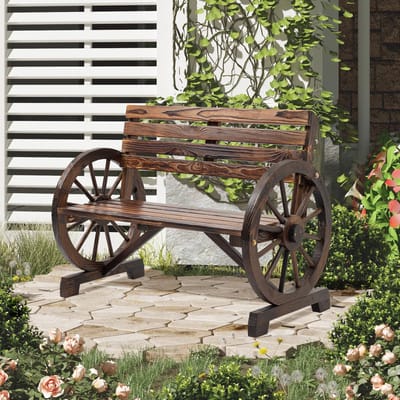 MIVRAY Tuinbank 2-Zits - Rustieke Landhuisstijl Met Wagenwiel Armleuningen - Voor Tuin En Terras - Massief Hout - Bruin