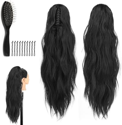 Lange Wavy Ponytail Haarstuk - Krullend Vlecht Haaraccessoire, Lichtgewicht en Fluffy voor Dames met Kam en Clips (4# Zwart, 60 cm)