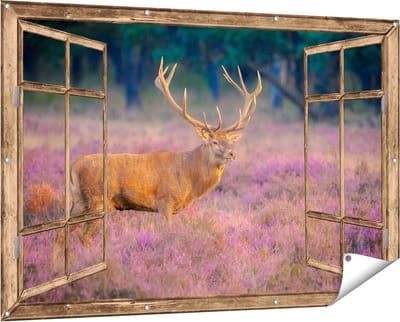 Gards Tuinposter Doorkijk Hert in de Weide tijdens Zonsondergang - 150x100 cm - Tuindoek - Tuindecoratie - Wanddecoratie buiten - Tuinschilderij