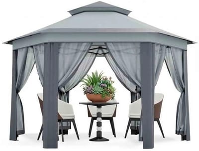 CINK Garden® Partytent paviljoen 6-hoek - Tuinpaviljoen met muggengaas en gordijnen - Waterafstotend - Stalen frame - 2 x 2 m - Blauw