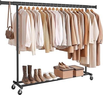 Conway Living® - Kledingrek op Wieltjes - Heavy Duty Verrijdbaar Kledingrek - Garderoberek - Verstelbare kledingstang - Uitschuifbare Kledingstang - Verstelbare Hangstang - Stabiel tot 150 kg - Zwart