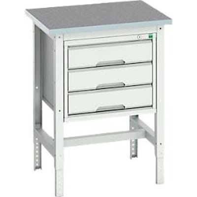 Bott verso werkbank, linoleumblad, met set dwarsverbindingen, 3 laden, B 700 x D 600 x H 780 - 930 mm, lichtgrijs
