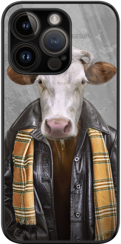 Hoesje geschikt voor iPhone 14 Pro - Koe - Luxe Glazen Hardcase - Hippe print - Grijs - Leuke Telefoonhoesjes