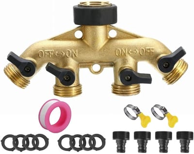 QTTVBTNA Kraan splitter - Messing 4-weg kraanverdeler - Y-stuk 3/4"- Met accessoires - voor gebruik in huis en tui